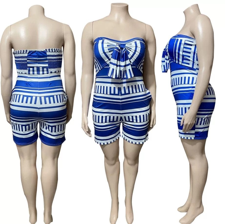 Cap Point Plus Size Off Shoulder Stretch Striped Summer Romper