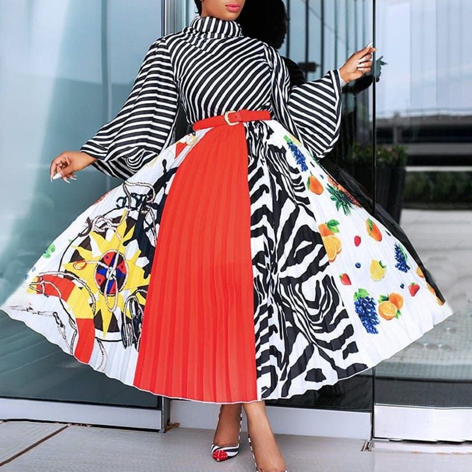 Cap Point Printed / S Classy High Collar Striped Printed Dress With Waist Belt