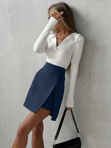 Cap Point Prisca Split A-Line  High Waist Office Irregular Mini Skirt