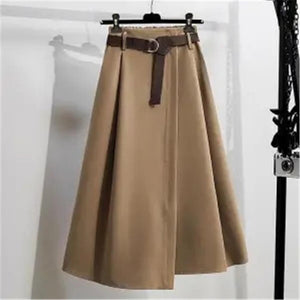 Cap Point Pure khaki / L England Style Vintage Pleated  Wool Midi Skirts 