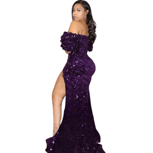 Cap Point Purple / 2 Merveille Sparkly Sequins Off-Shoulder Short Sleeves Prom Evening Dress