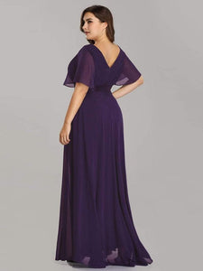 Cap Point Purple / 4 Mileine Elegant Long Evening A Line V Neck Ruffles Chiffon Formal Wedding Party Dress