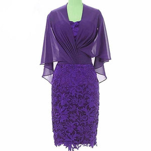 Cap Point Purple / 6 Elegant Lace Cape Half Sleeve Knee Length Mother of The Bride Dress