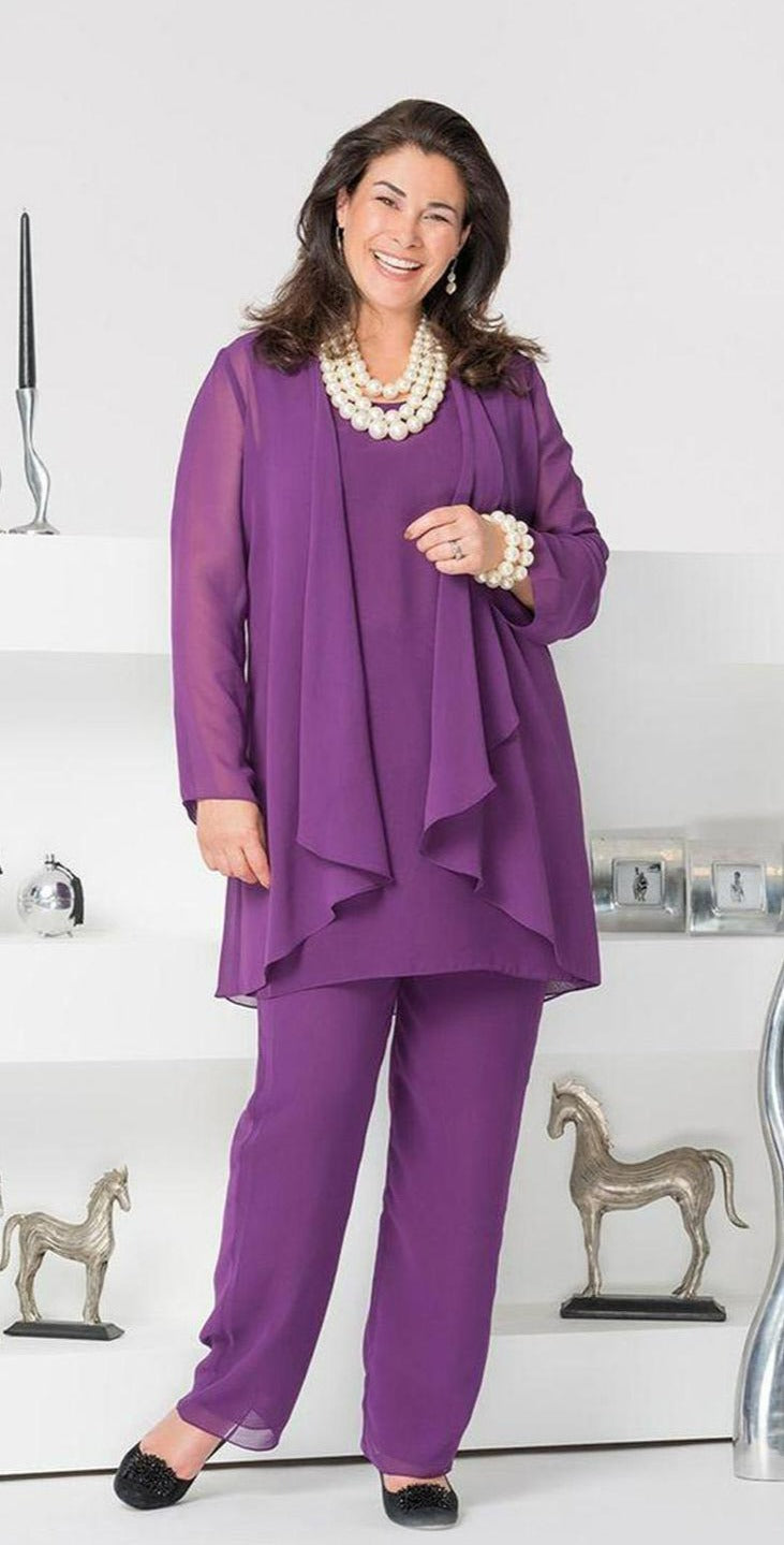 Cap Point Purple / 6 Three Piece Chiffon Long Sleeve Jacket Mother of the Bride Pant Suit