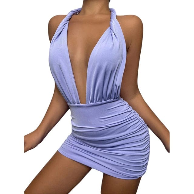 Cap Point Purple / 8 Elegant Marlene Halter Neck Deep V Neck Open Back Sleeveless Ruched Mini Dress