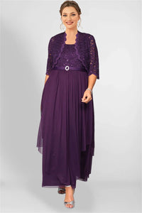 Cap Point Purple / L Francine Pleated Lace Cardigans and Chiffon Layer Dress with Belt