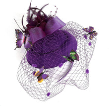 Load image into Gallery viewer, Cap Point purple Mirva Kentucky Derby Flower Batterfly Veil Tea Party Wedding Party Hat Fascinators

