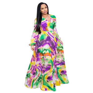 Cap Point Purple / S Benita Summer V-Neck Print Sashes Long Maxi Dress