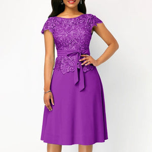Cap Point Purple / S Elegant Women Fashion Bow Lace Patchwork Dress with Belt