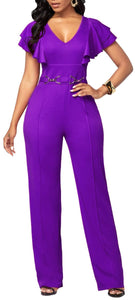 Cap Point Purple / S Elianne High Waist Plain Short Sleeve Wide Leg Jumpsuit
