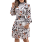 Cap Point Purple / S Floral Print Turtleneck Lantern Sleeve Ruffle Mini Dress