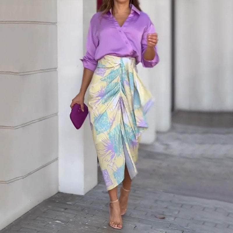 Cap Point Purple / S Marta V Neck Full Sleeve Lapel Shirt Top Slit Pleated Lace Up Print Skirt Set