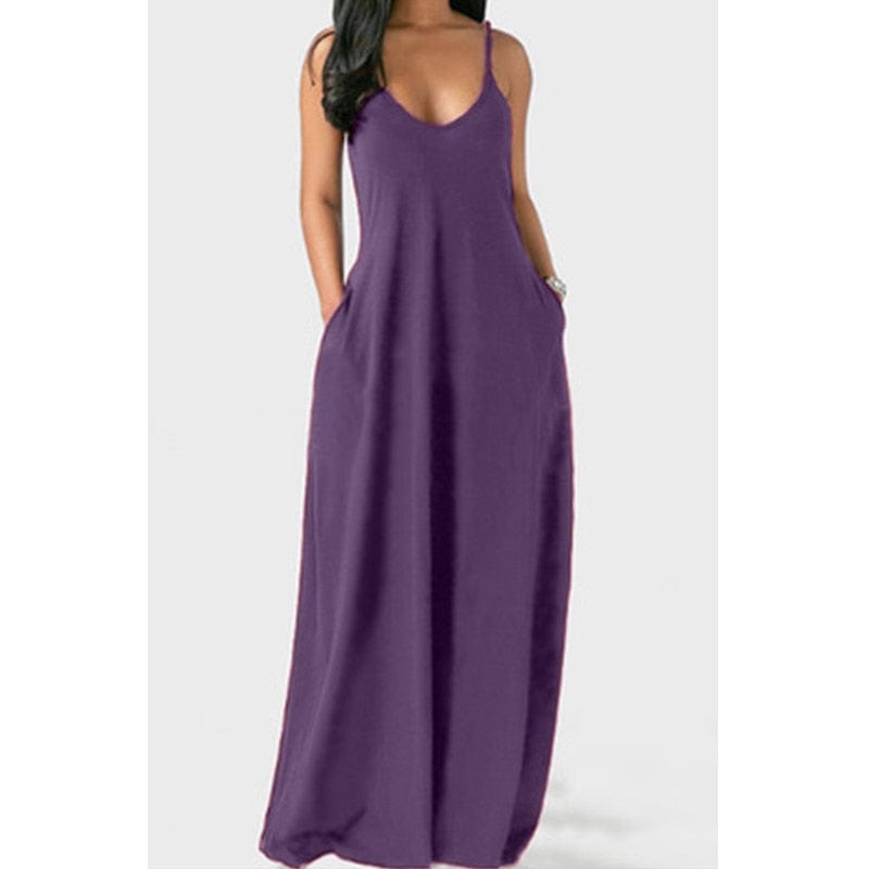 Cap Point Purple / S Melania Sexy Bohemian Loose Sleeveless V-Neck Strappy Maxi Dress