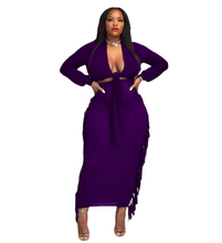 Load image into Gallery viewer, Cap Point purple / S Monroe Long Sleeve Tie Front Crop Top and Tassels Bodycon Maxi Skirt Set
