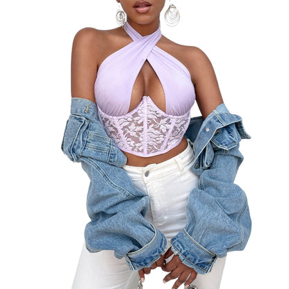 Cap Point Purple / S Sexy Spliced Lace Bustier Crop Top