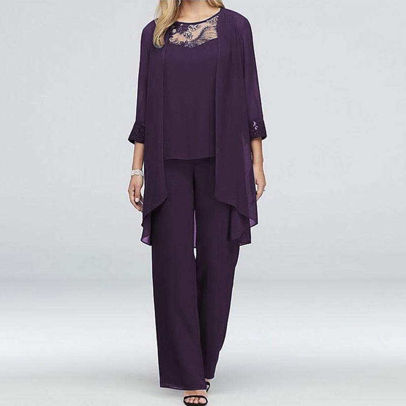 Cap Point Purple / S Solid lace Top High Waist Straight Fit Mother of the Bride Pantsuit