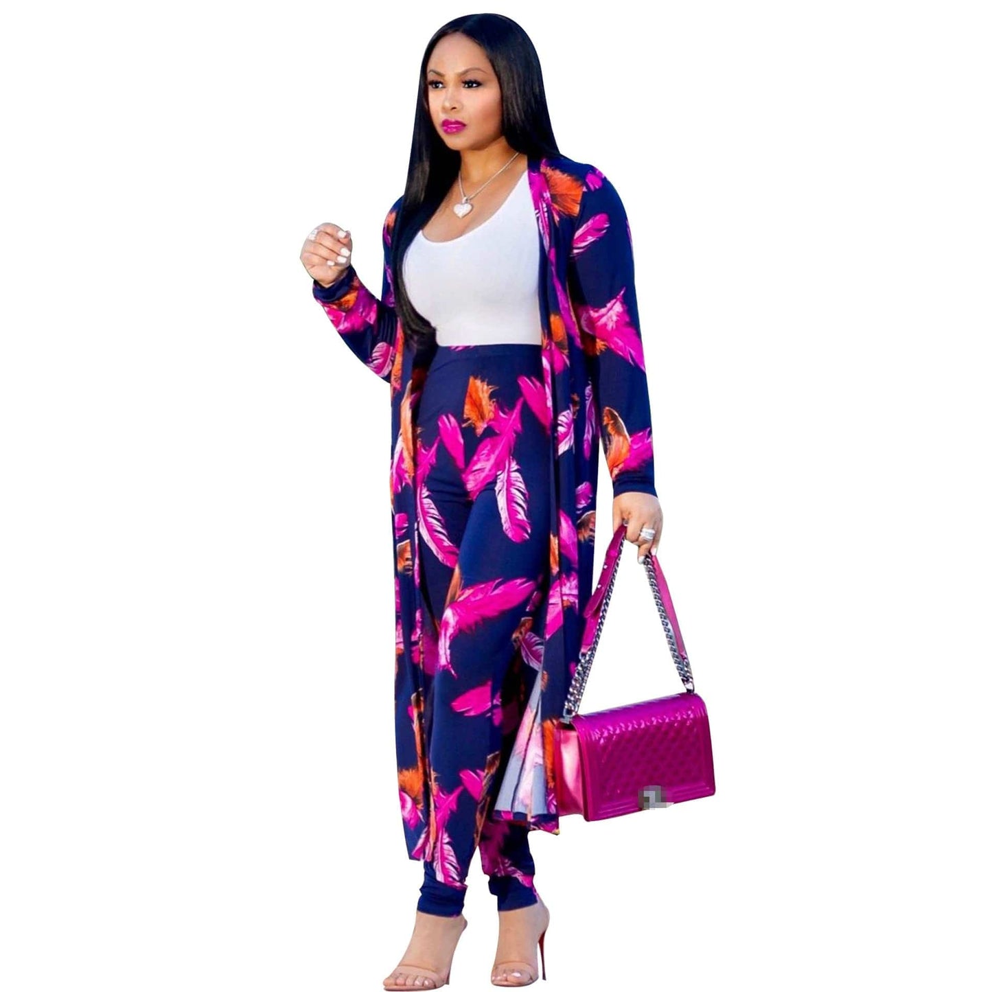 Cap Point Purple / S Summer Print Long Sleeve Cardigan Pants Two Piece