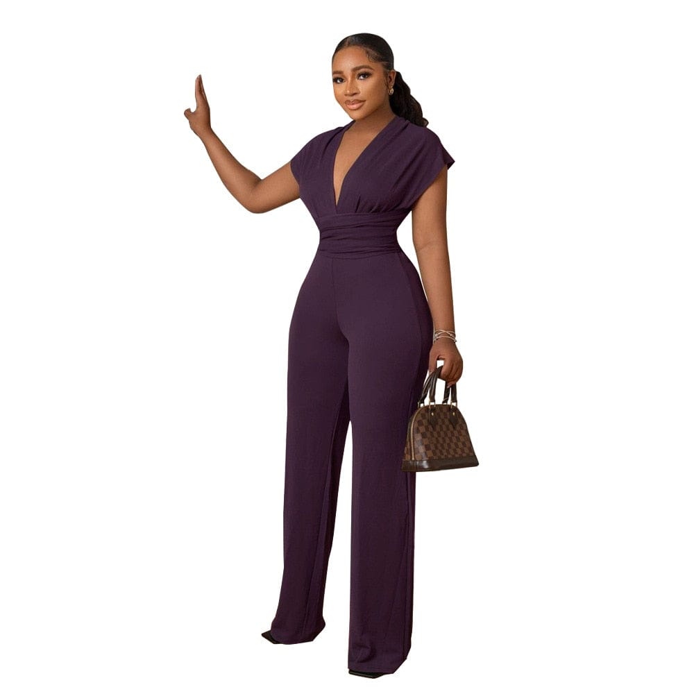 Cap Point Purple / S Summer Solid Deep V-neck Bandage Long Wide-leg Jumpsuit
