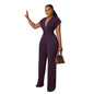 Cap Point Purple / S Summer Solid Deep V-neck Bandage Long Wide-leg Jumpsuit