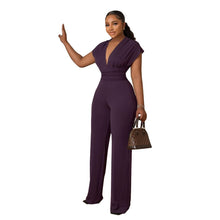 Load image into Gallery viewer, Cap Point Purple / S Summer Solid Deep V-neck Bandage Long Wide-leg Jumpsuit
