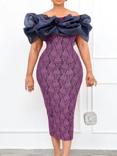 Load image into Gallery viewer, Cap Point Purple / S Vintage Lace Puff Off Shoulder Slit Print Floral Pencil Dress

