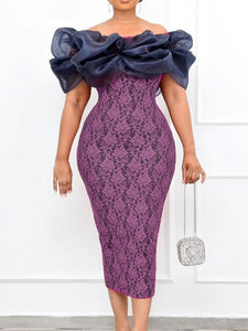 Cap Point Purple / S Vintage Lace Puff Off Shoulder Slit Print Floral Pencil Dress