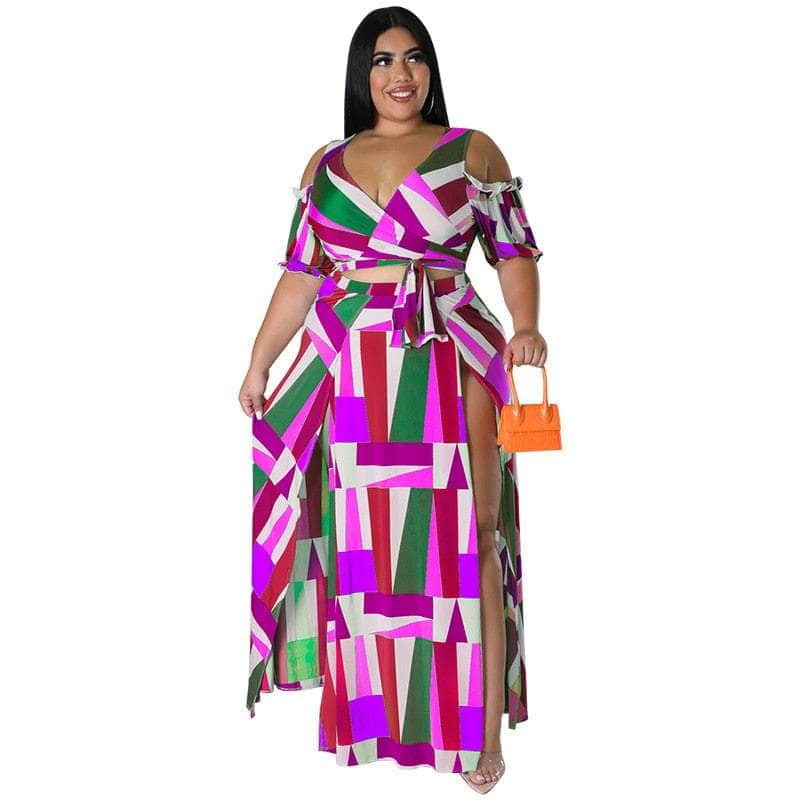 Cap Point Purple / XL Mongengo Plus Size Two 2 Piece Short Sleeve V-neck Crop Tops + Long Fork Skirt