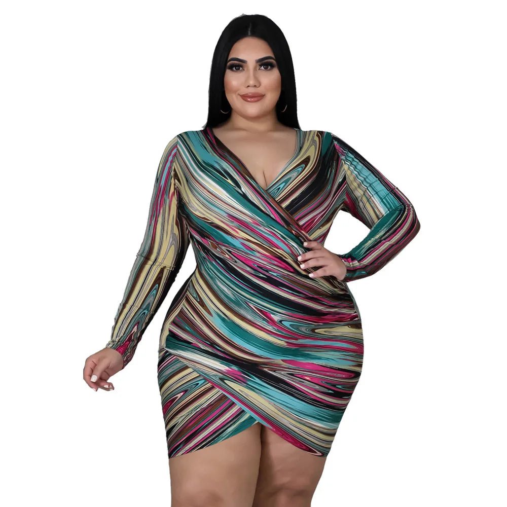 Cap Point Purple / XL Perline Plus Size V Neck Irregular Cross Bodycon Mini Dress