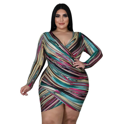 Cap Point Purple / XL Perline Plus Size V Neck Irregular Cross Bodycon Mini Dress