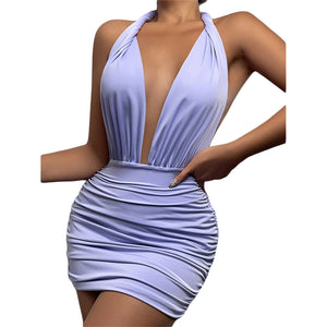 Cap Point Purple / XS Malia Sexy Backless Ruched Sleeveless Low Cut Tie Up Halter Mini Dress
