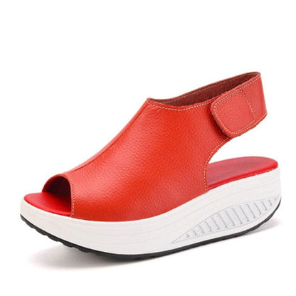 Cap Point Red / 4 Casual Platform Wedges Sandals Leather Swing Peep Toe