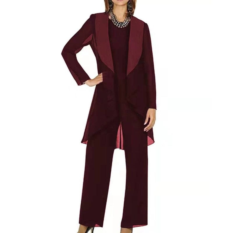 Cap Point Red / 4 Ginette Elegant Chiffon Long Sleeves Mother of the Bride Pantsuit