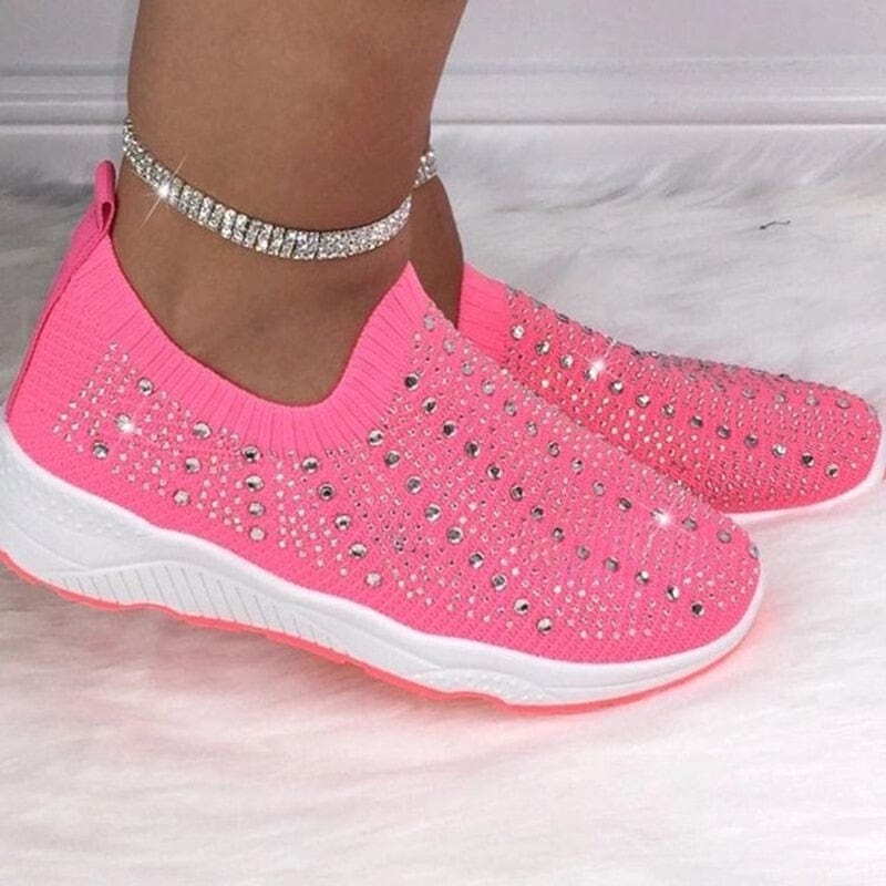 Cap Point Red / 5 Comfortable Breathable Knit Mesh Crystal Flat Sneakers