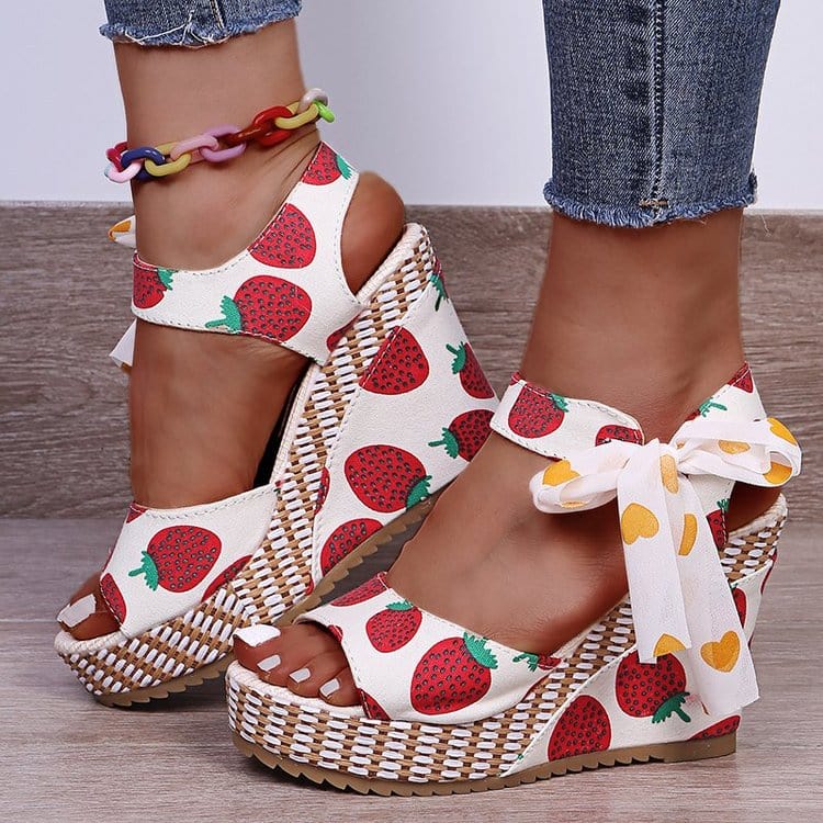 Cap Point red / 5 Hilda Dot Bowknot Design Platform Wedge Ankle Strap Open Toe Sandals
