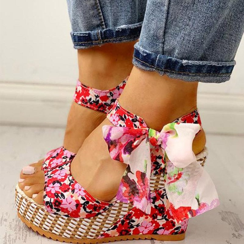 Cap Point Red / 5 Hilda Dot Bowknot Design Platform Wedge Ankle Strap Open Toe Sandals