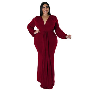 Cap Point Red / L Natalie Long Sleeve V Neck Irregular Elegant Plus Size Maxi Dress