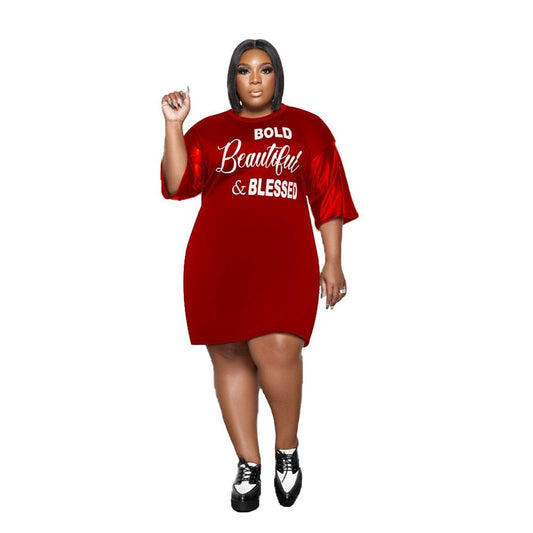 Cap Point Red / L Plus Size Letter Print O Neck Loose Fashion Mini Dress