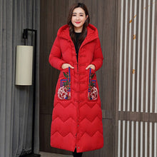 Load image into Gallery viewer, Cap Point Red / M New Winter Style Embroidered Cross knee Long Sleeve Hooded jacket
