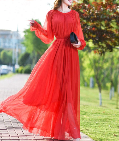 Cap Point Red / M Olivia Elegant Flowy Chiffon High Quality Loose Belt Maxi Dress