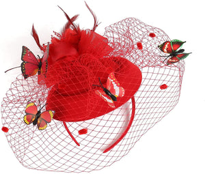 Cap Point Red Mirva Kentucky Derby Flower Batterfly Veil Tea Party Wedding Party Hat Fascinators
