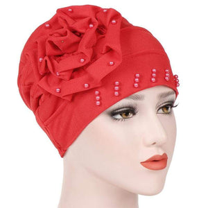 Cap Point Red / One size fits all New Fashion Ruffle Beaded Solid Scarf Cap