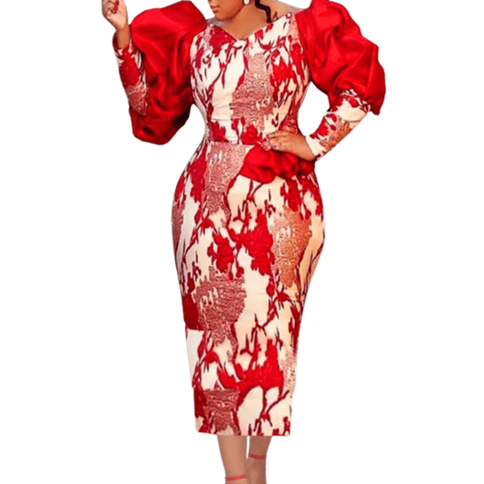 Cap Point Red / S Ameanne Puff Long Sleeve Peplum Slim Fit Pencil Dress