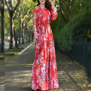 Cap Point Red / S Aria Floral Printed  Loose Chiffon Fashion Maxi Dress