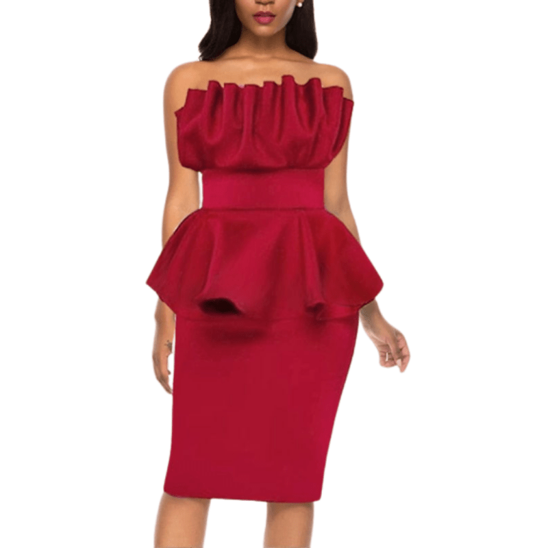 Cap Point Red / S Bare Shoulder Ruffle Peplum Party Prom Dress
