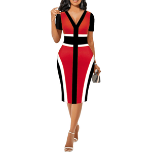 Cap Point Red / S Belinda High Waist Patchwork Printing V-Neck Elegant Short Sleeve Midi Dress