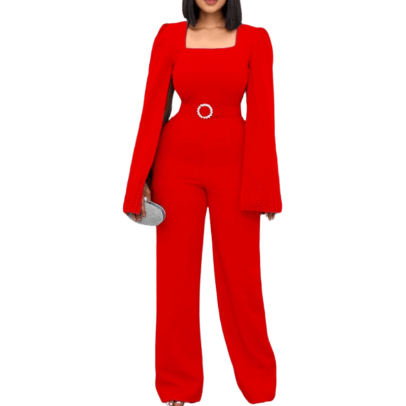 Cap Point Red / S Bibiche Cloak Sleeve Square Neck Sheath One-Piece Jumpsuit