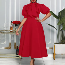 Load image into Gallery viewer, Cap Point Red / S Bijoux Short-sleeved high-waisted bow tie trapeze dress
