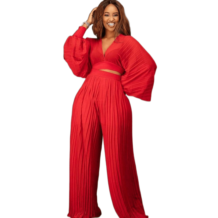 Cap Point Red / S Cap Point Pleated Set Crop Top High Waist Wide Leg Pants