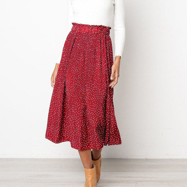 Cap Point Red / S Casual Chiffon Printed High Waist Pleated Maxi Skirt