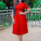 Cap Point Red / S Daniella Pleated Mid-Calf High Waist Round Neck Half Sleeve Dress